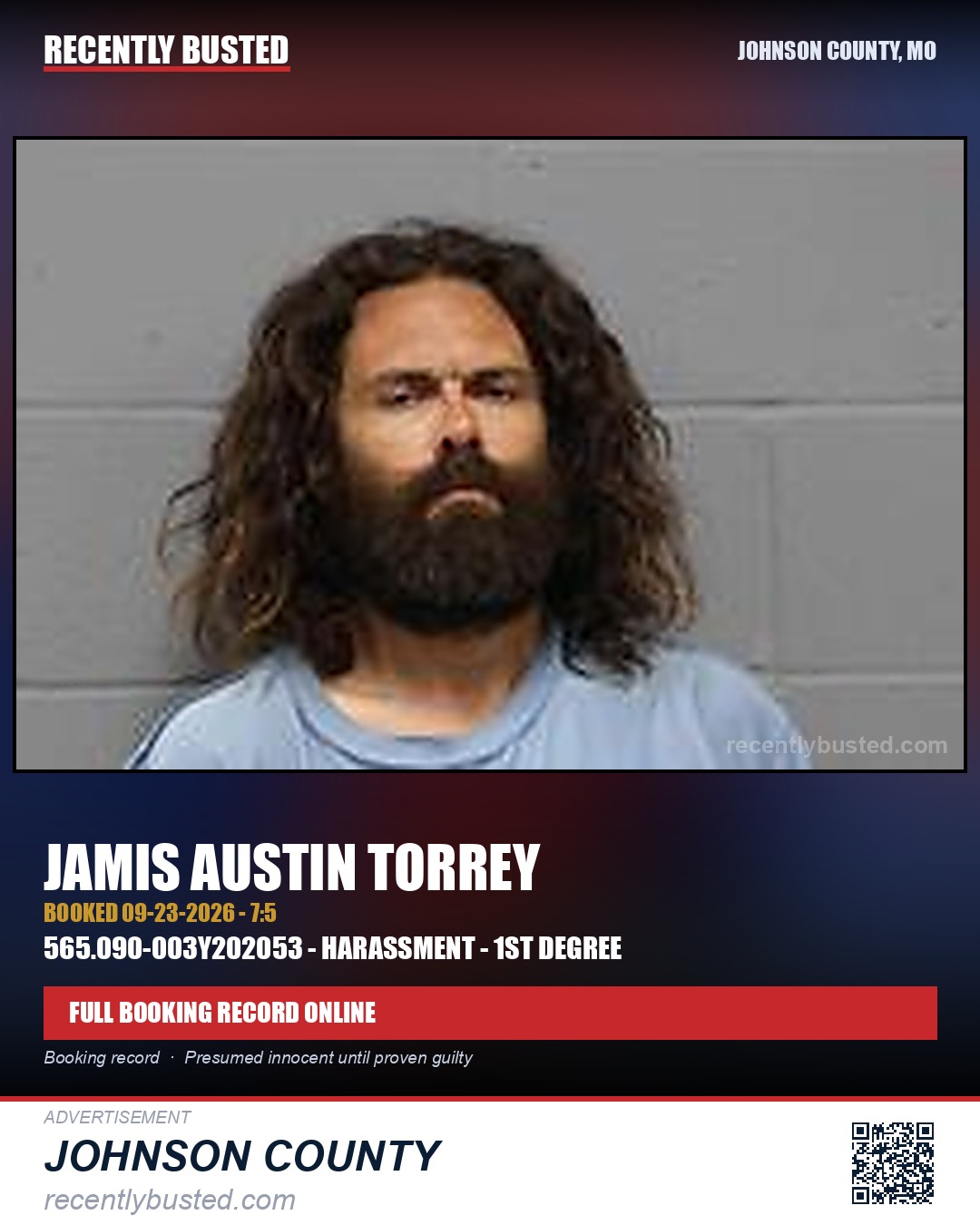 TORREY, JAMIS AUSTIN — arrest record card, Johnson County, Missouri
