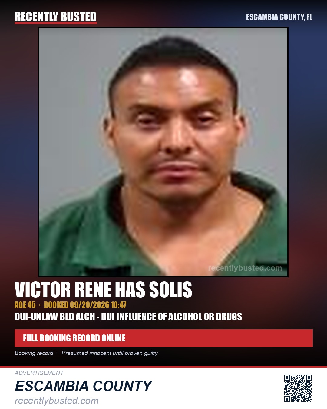 Victor Rene Has Solis — arrest record card, Escambia County, Florida