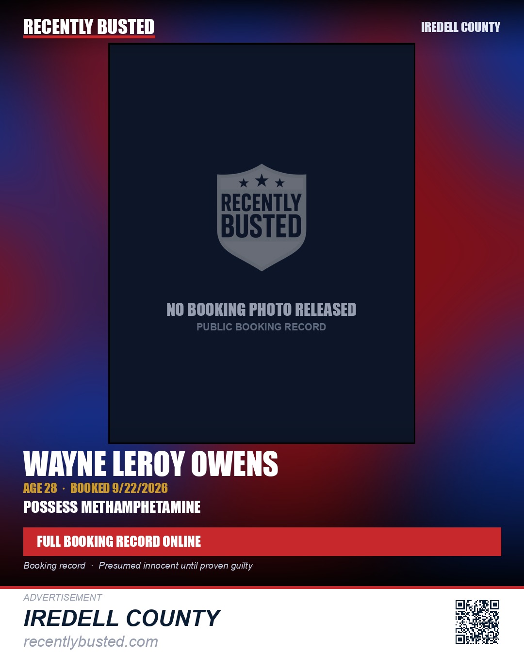 WAYNE LEROY OWENS — arrest record card, Iredell County