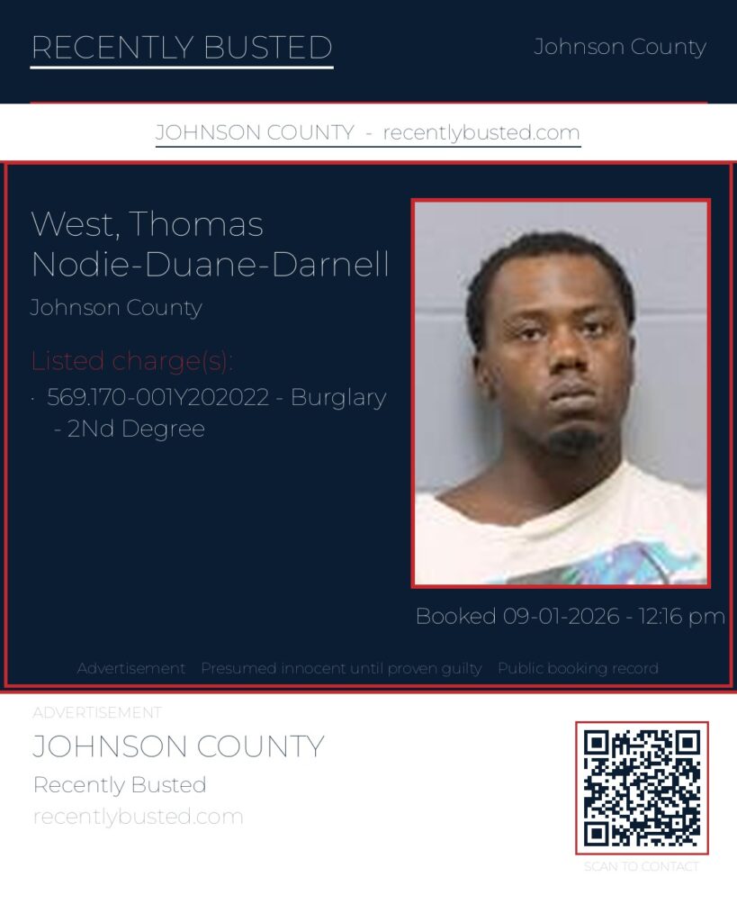 WEST, THOMAS NODIE-DUANE-DARNELL — arrest record card, Johnson County, Missouri