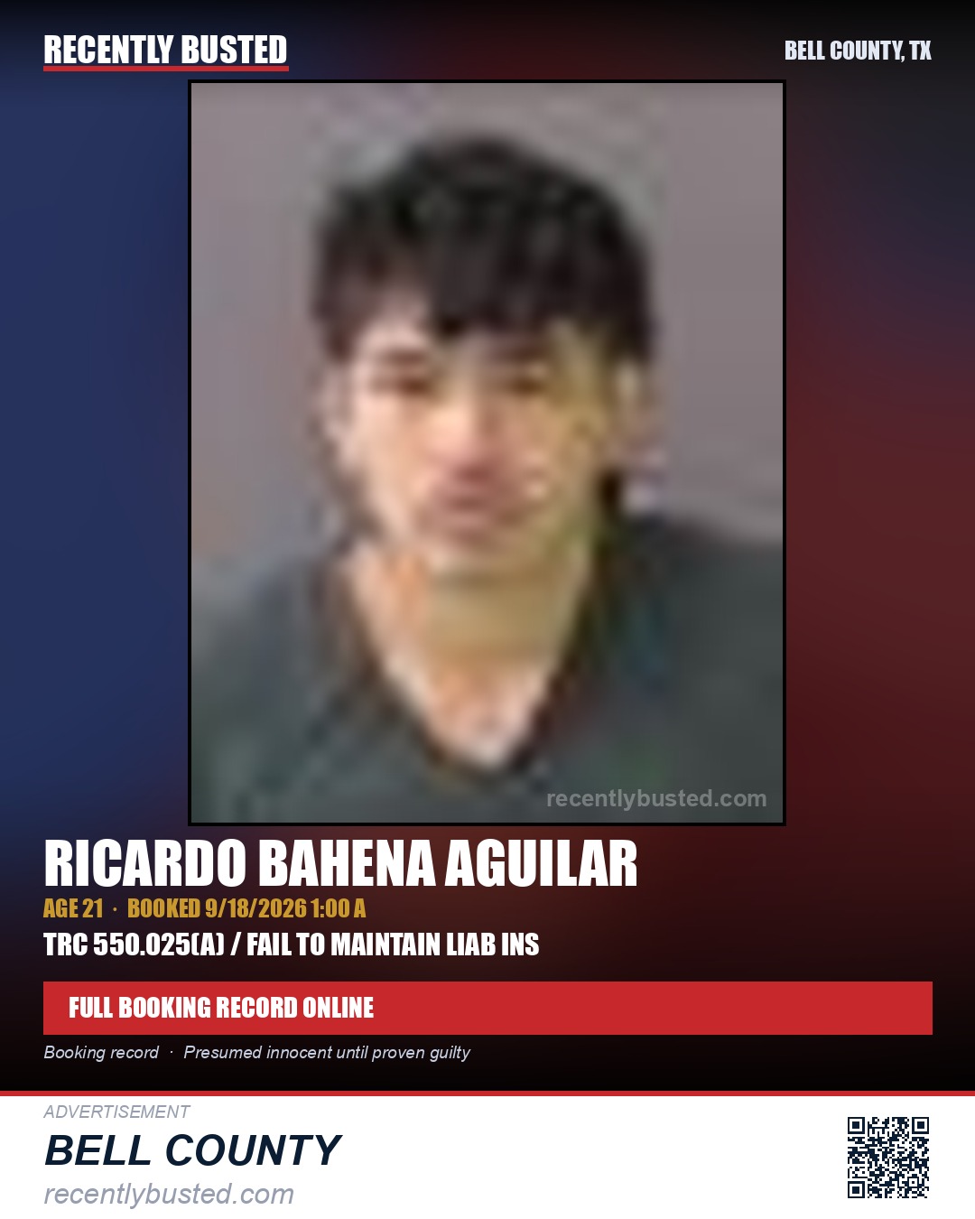 AGUILAR, RICARDO BAHENA — arrest record card, Bell County, Texas