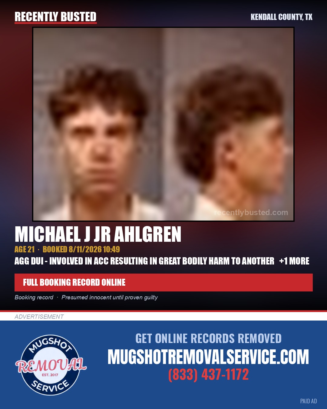 AHLGREN, MICHAEL J JR — arrest record card, Kendall County, Illinois