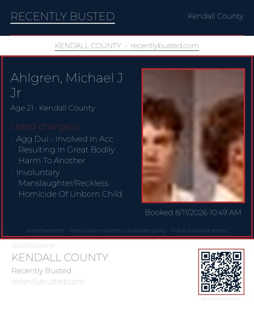 AHLGREN, MICHAEL J JR — arrest record card, Kendall County, Illinois