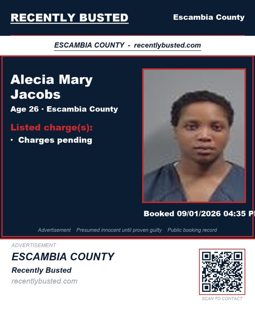 Alecia Mary Jacobs — arrest record card, Escambia County, Florida