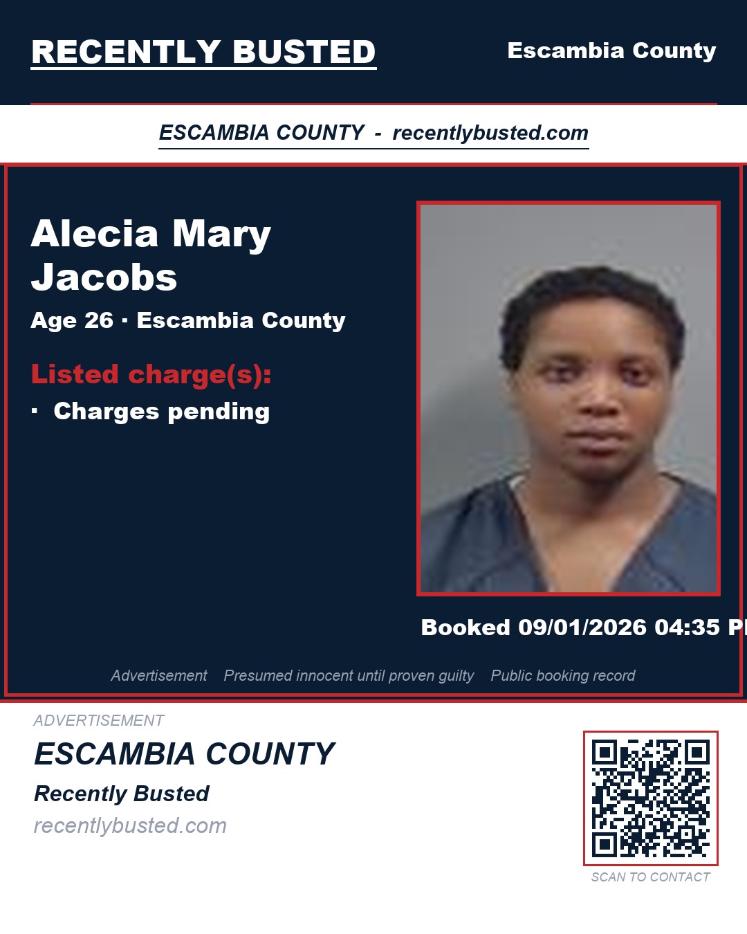 Alecia Mary Jacobs — arrest record card, Escambia County, Florida