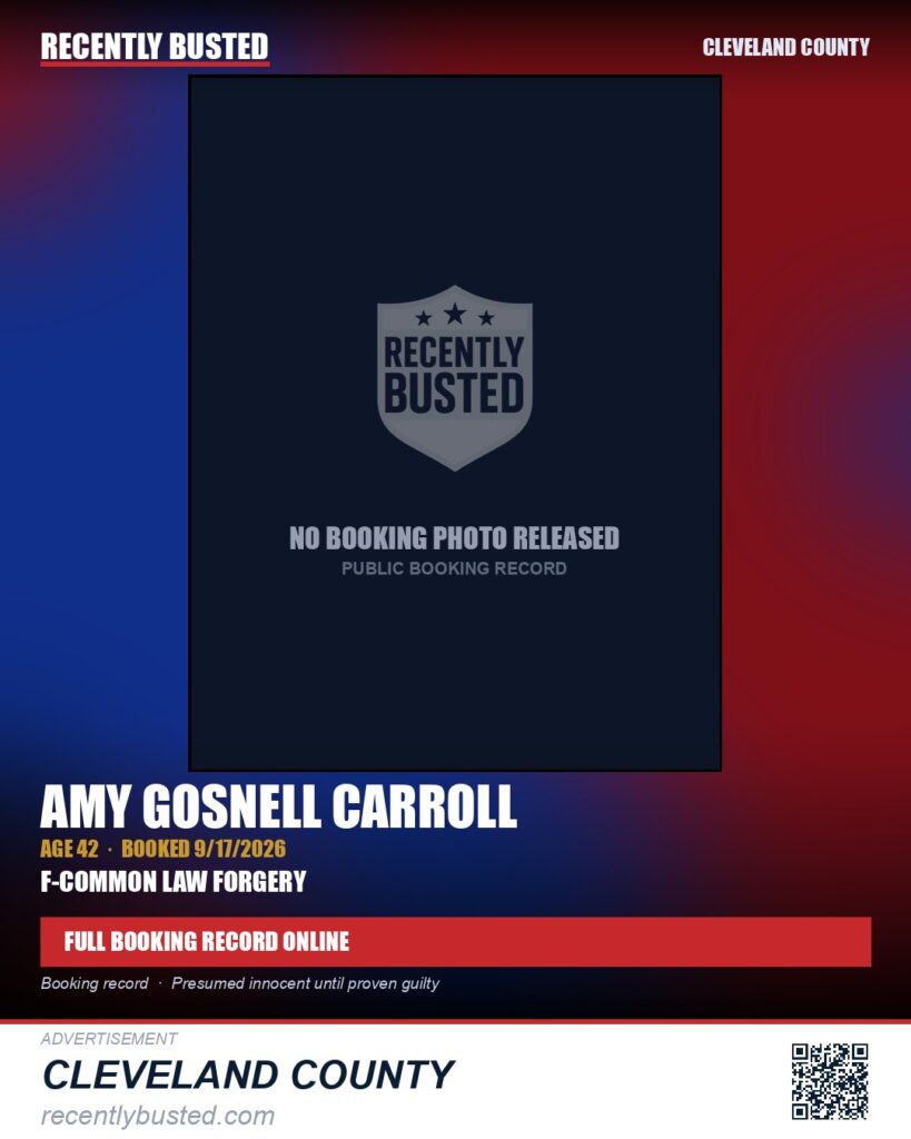 AMY GOSNELL CARROLL — arrest record card, Cleveland County