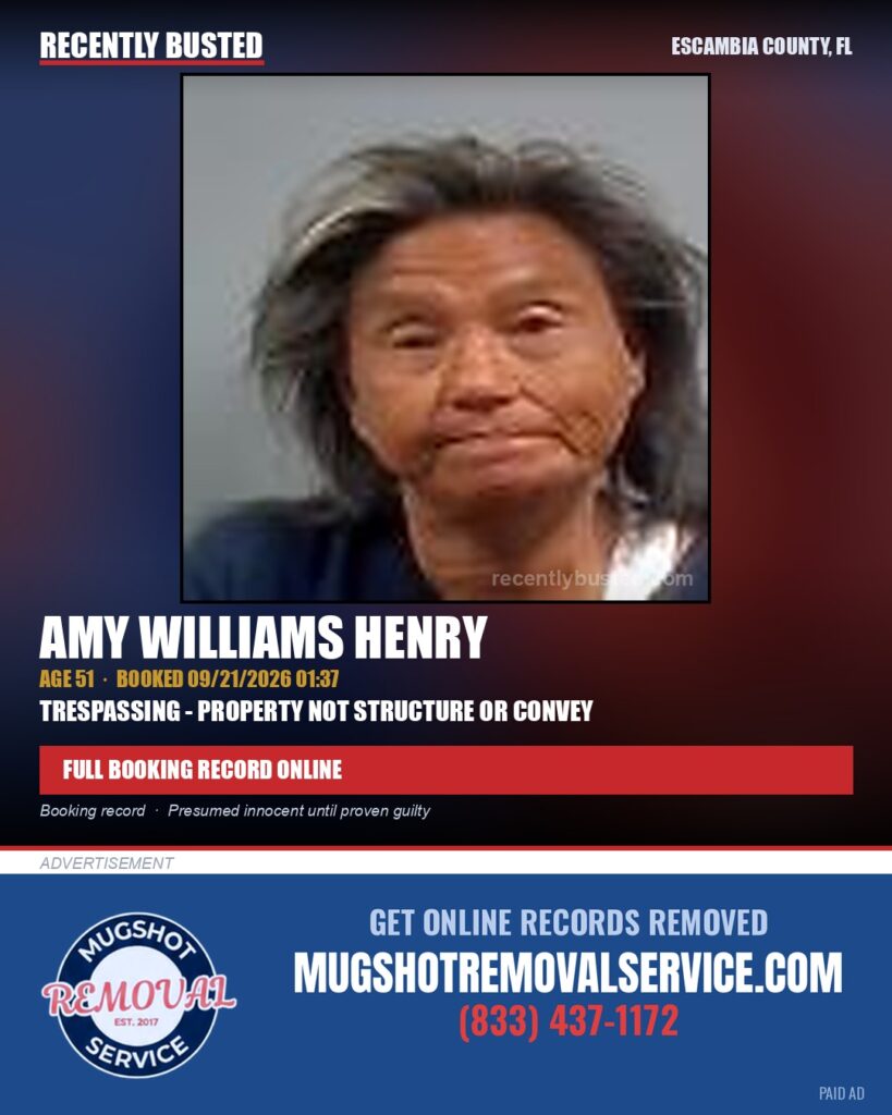 Amy Williams Henry — arrest record card, Escambia County, Florida