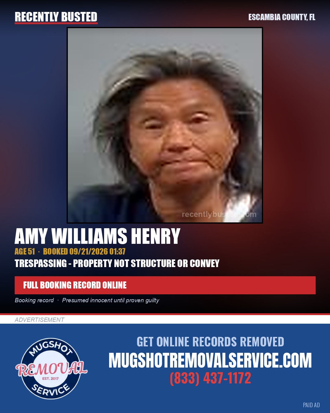 Amy Williams Henry — arrest record card, Escambia County, Florida