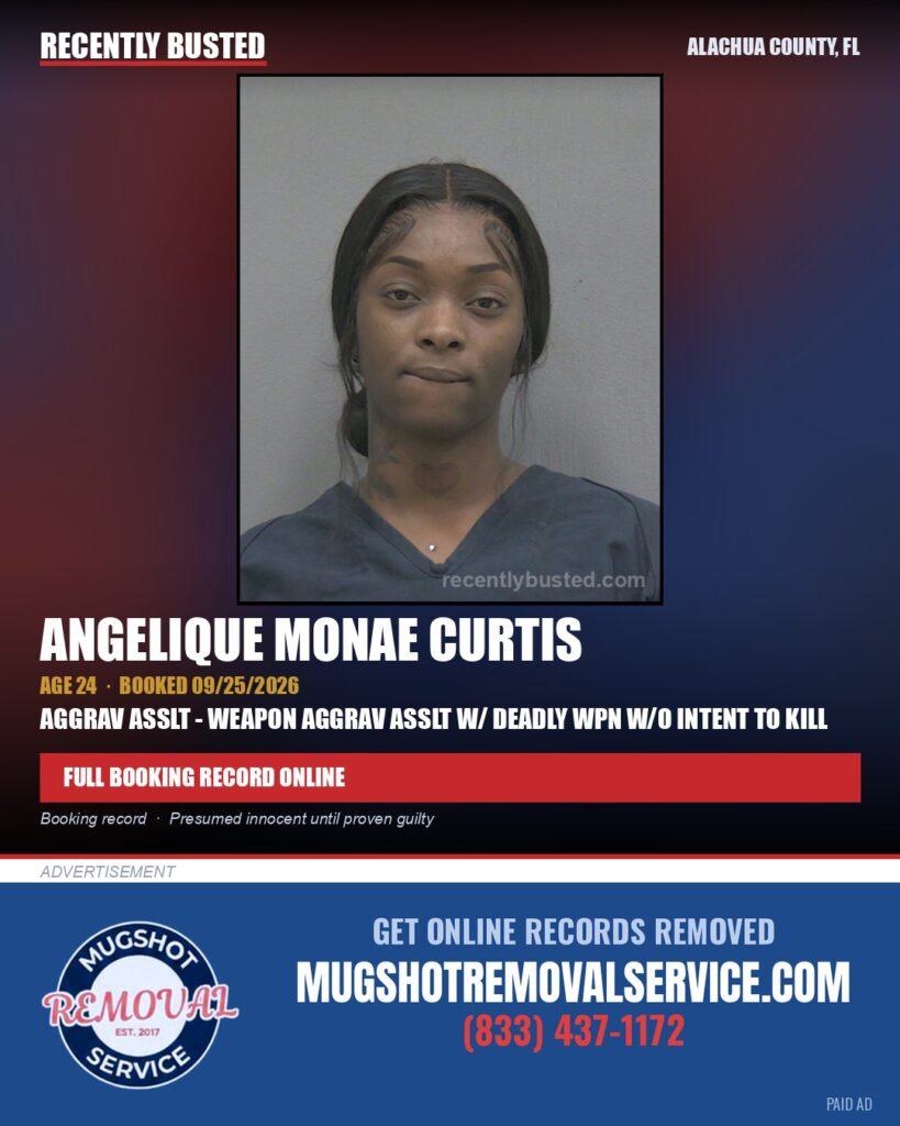 Angelique Monae Curtis — arrest record card, Alachua County, Florida