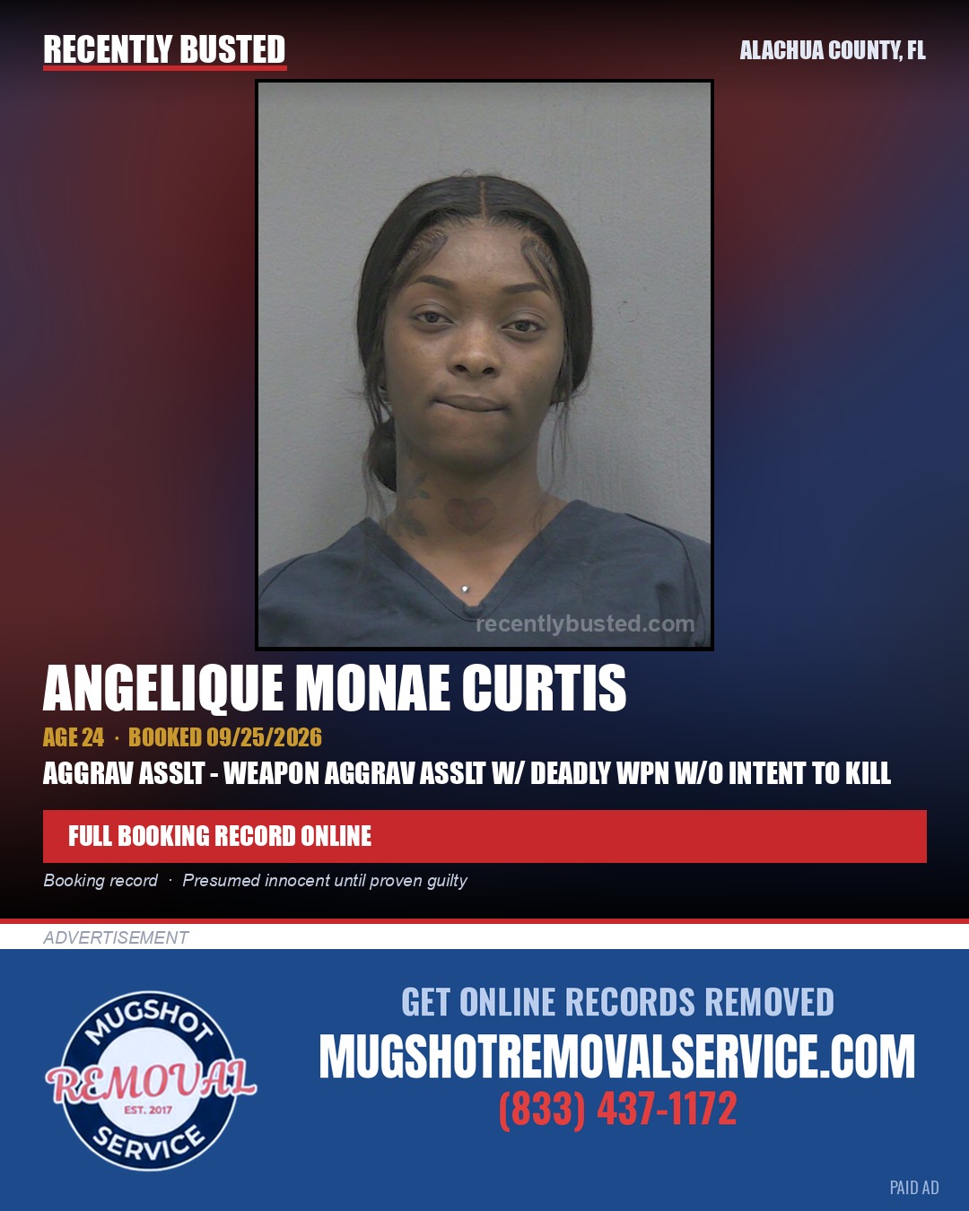 Angelique Monae Curtis — arrest record card, Alachua County, Florida