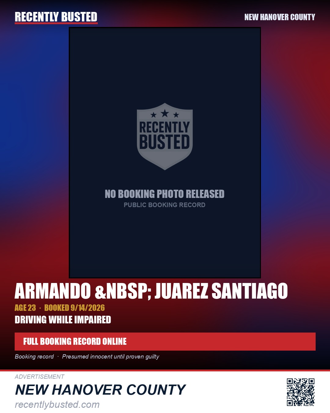 ARMANDO &nbsp; JUAREZ SANTIAGO — arrest record card, New Hanover County