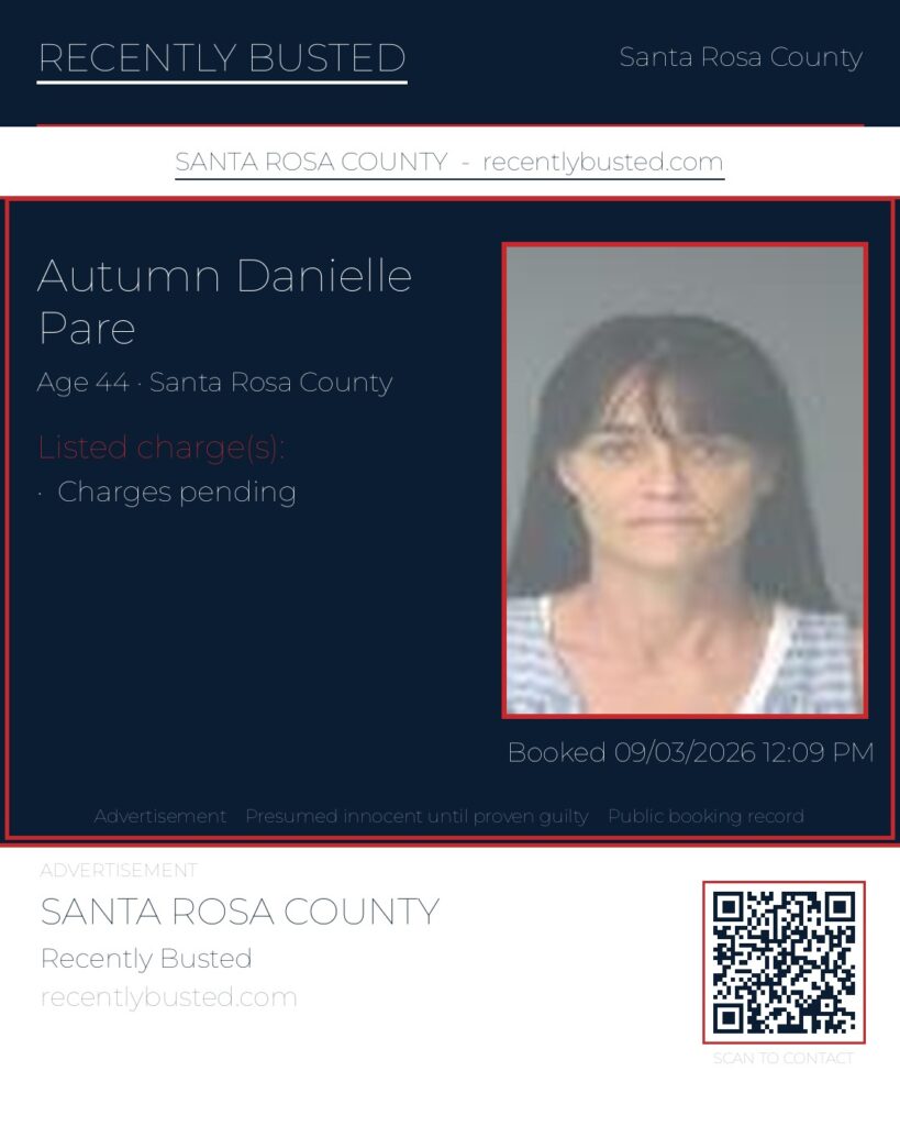 Autumn Danielle Pare — arrest record card, Santa Rosa County, Florida