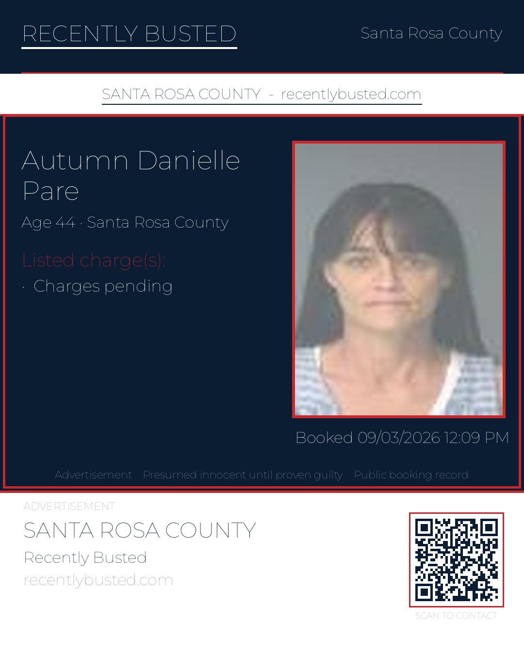 Autumn Danielle Pare — arrest record card, Santa Rosa County, Florida