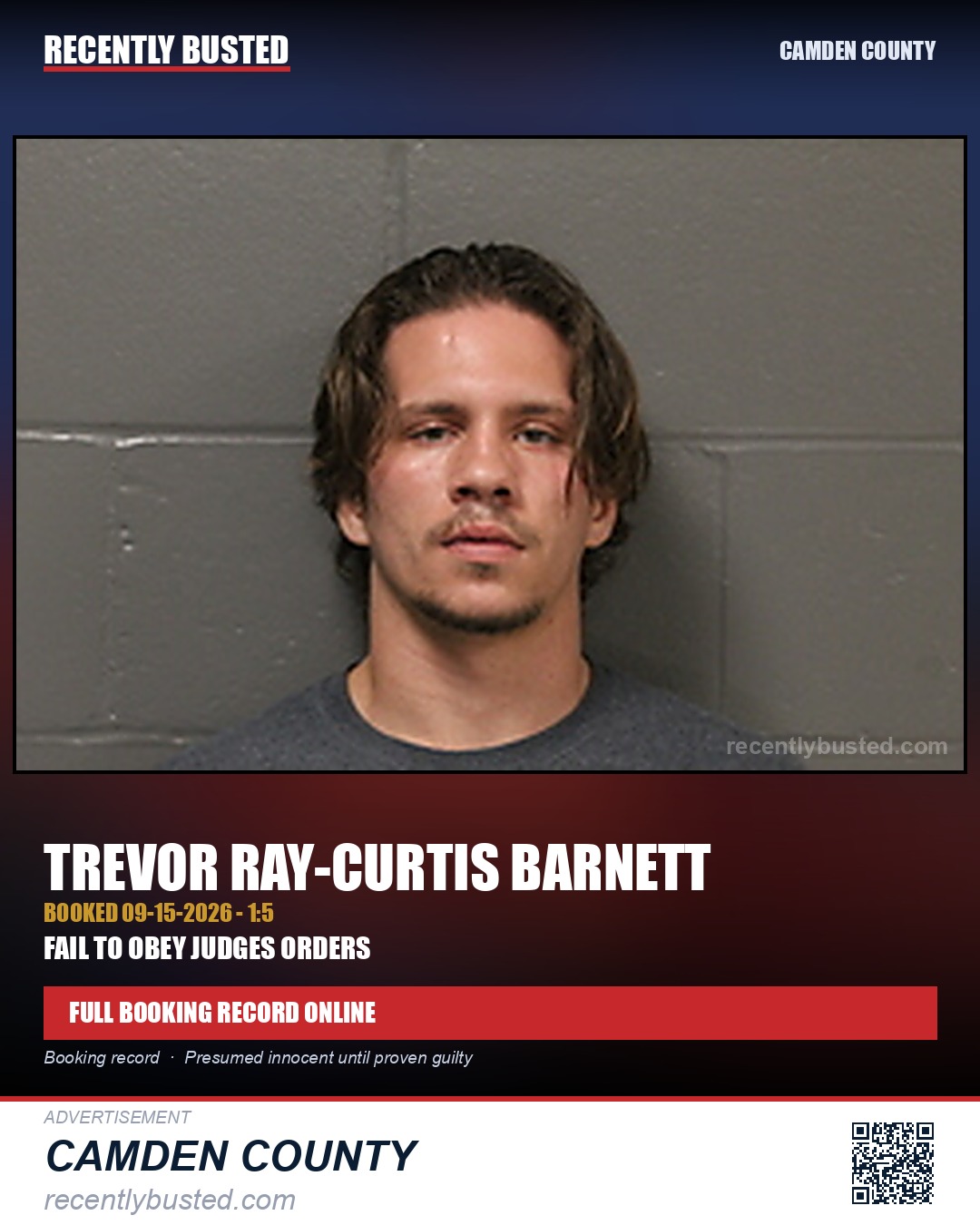 Barnett, Trevor Ray-curtis — arrest record card, Camden County