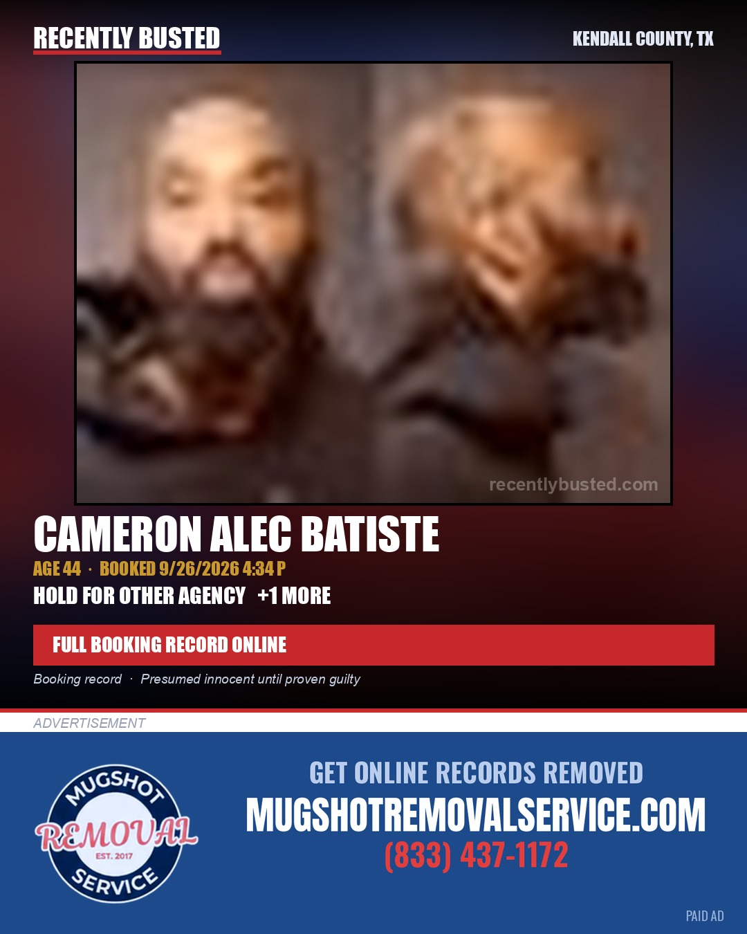 BATISTE, CAMERON ALEC — arrest record card, Kendall County, Illinois