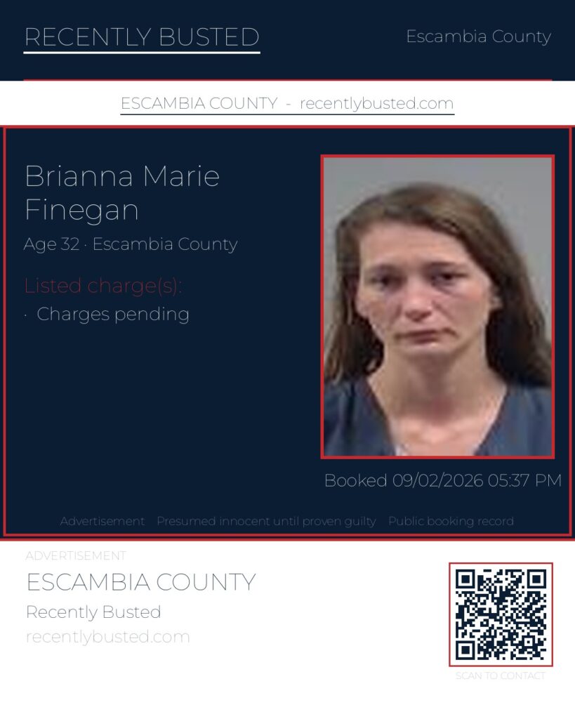 Brianna Marie Finegan — arrest record card, Escambia County, Florida