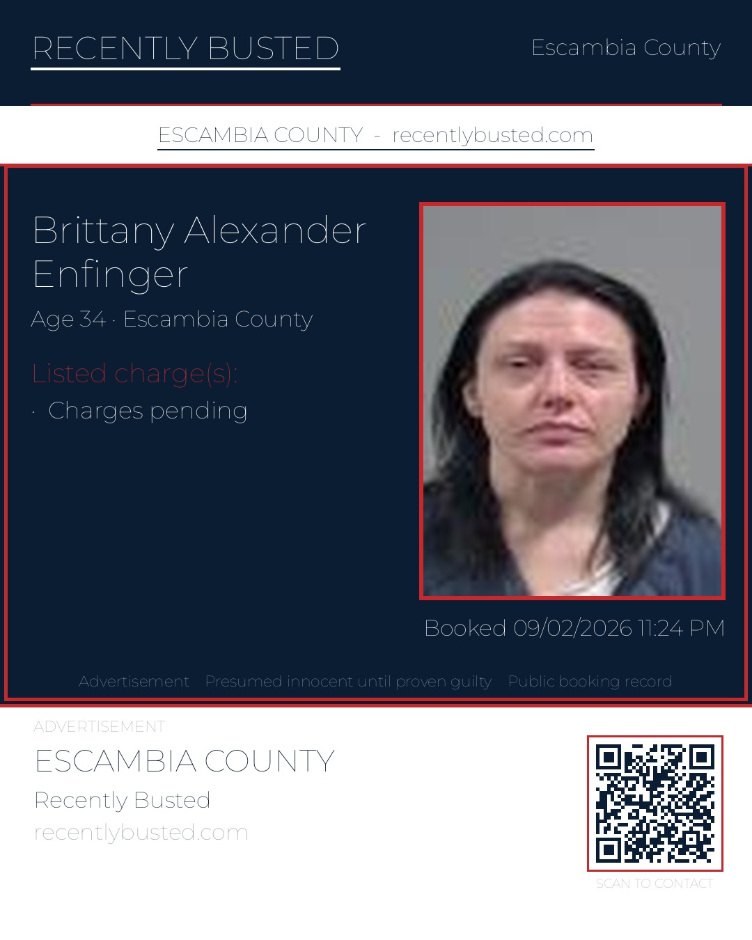 Brittany Alexander Enfinger — arrest record card, Escambia County, Florida