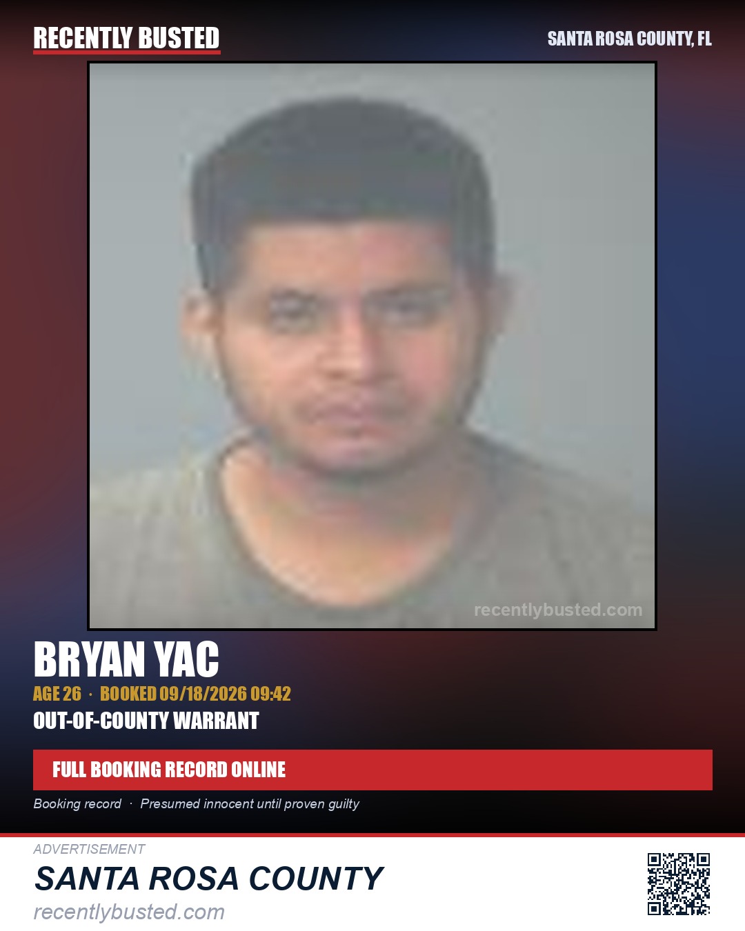 Bryan Yac — arrest record card, Santa Rosa County, Florida