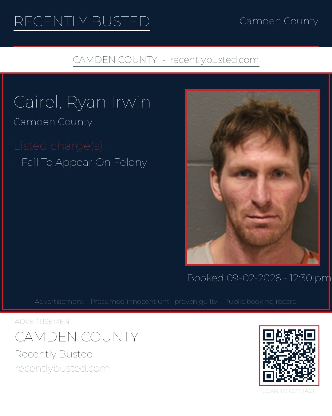 Cairel, Ryan Irwin — arrest record card, Camden County