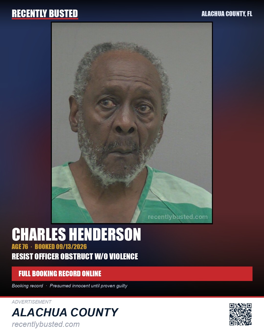 Charles Henderson — arrest record card, Alachua County, Florida