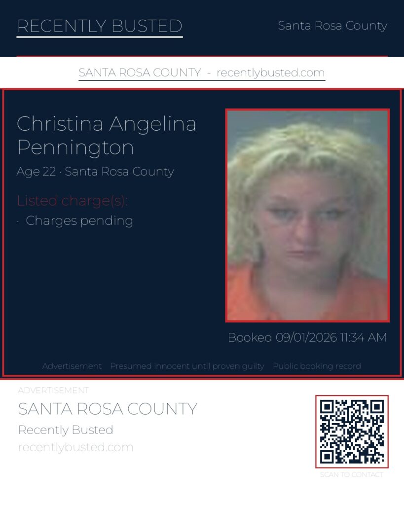 Christina Angelina Pennington — arrest record card, Santa Rosa County, Florida