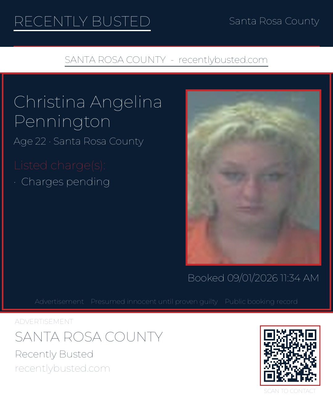 Christina Angelina Pennington — arrest record card, Santa Rosa County, Florida