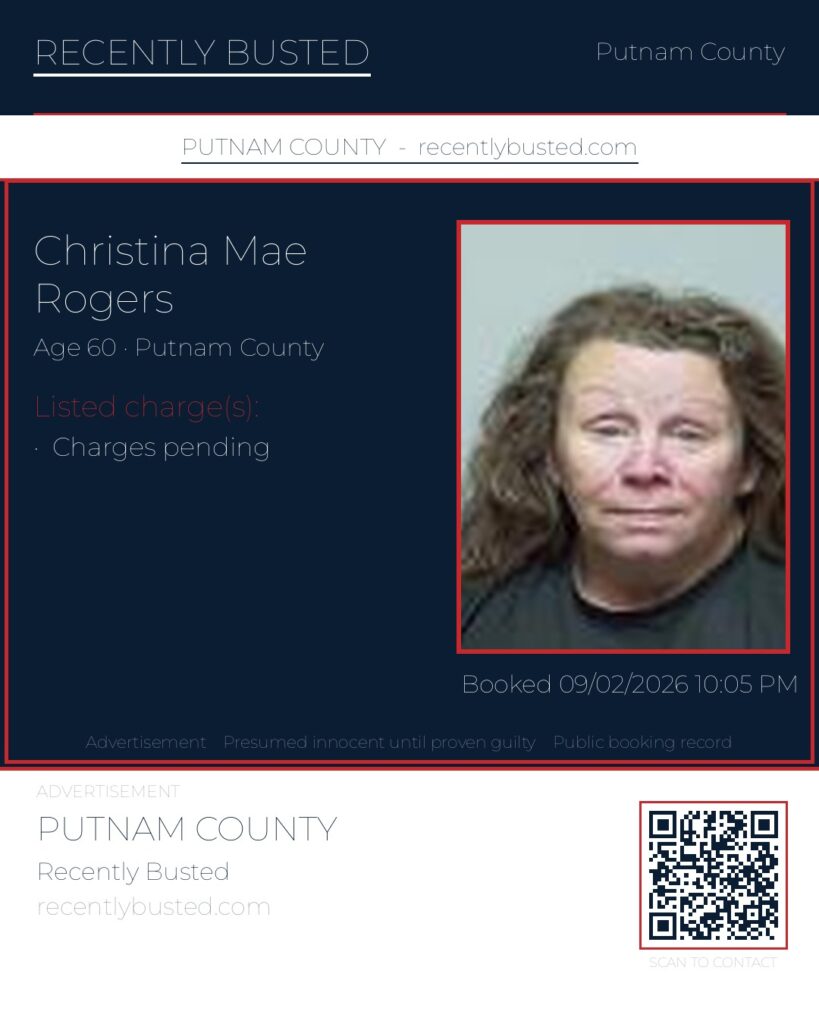 Christina Mae Rogers — arrest record card, Putnam County, Florida