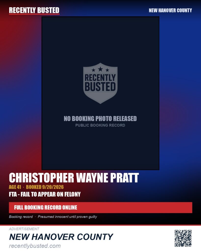 CHRISTOPHER WAYNE PRATT — arrest record card, New Hanover County