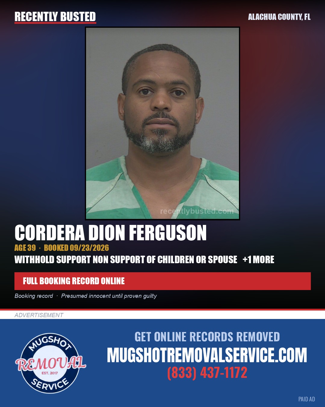 Cordera Dion Ferguson — arrest record card, Alachua County, Florida