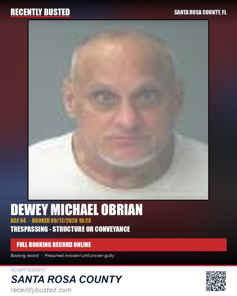 Dewey Michael Obrian — arrest record card, Santa Rosa County, Florida