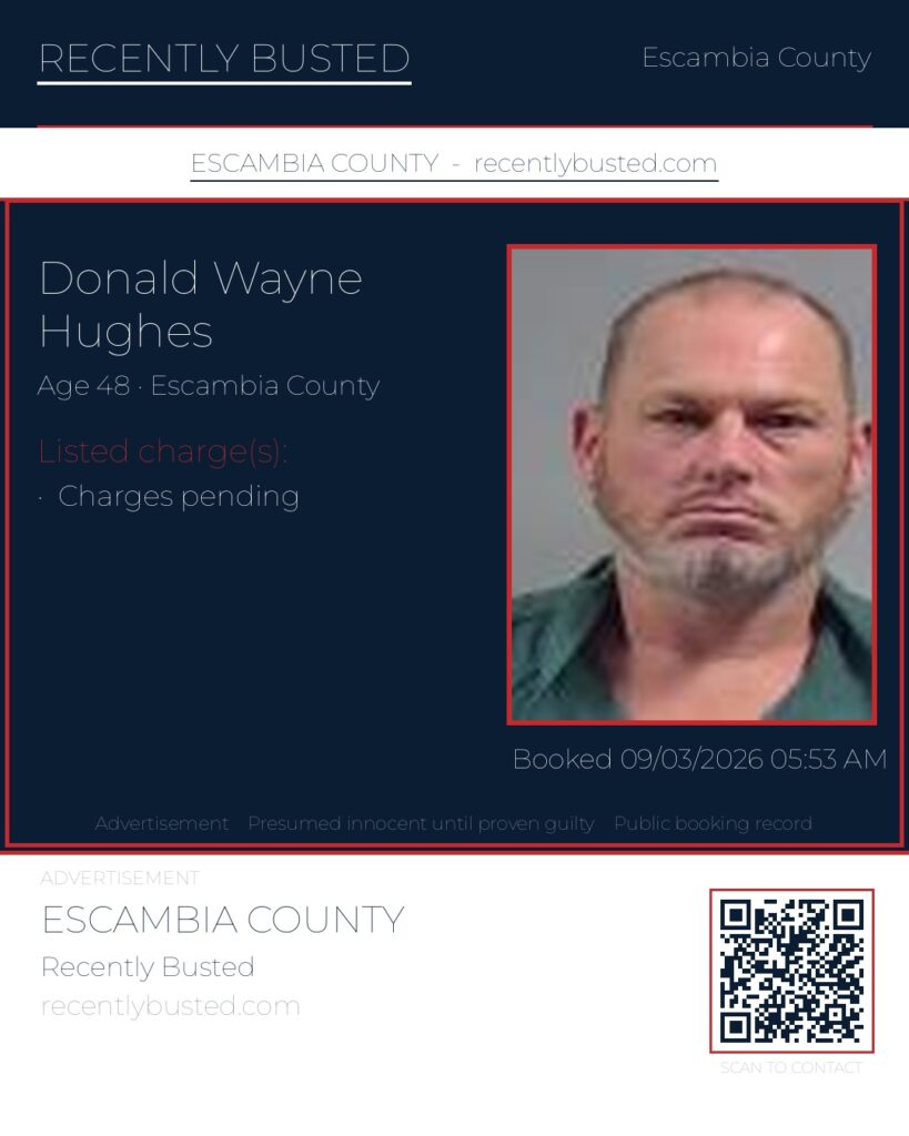 Donald Wayne Hughes — arrest record card, Escambia County, Florida