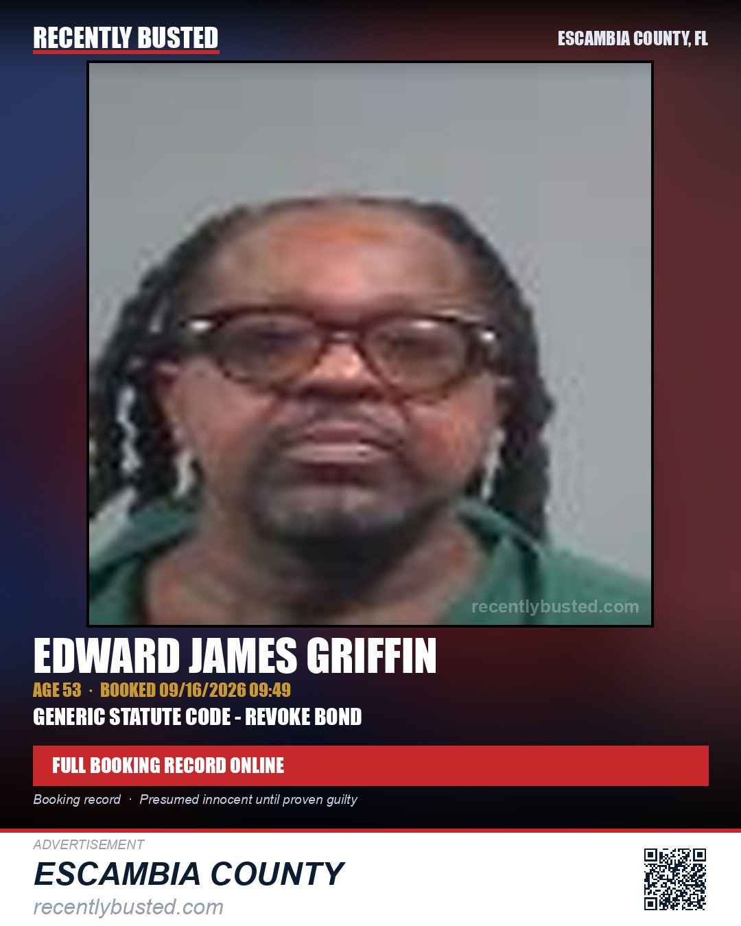 Edward James Griffin — arrest record card, Escambia County, Florida