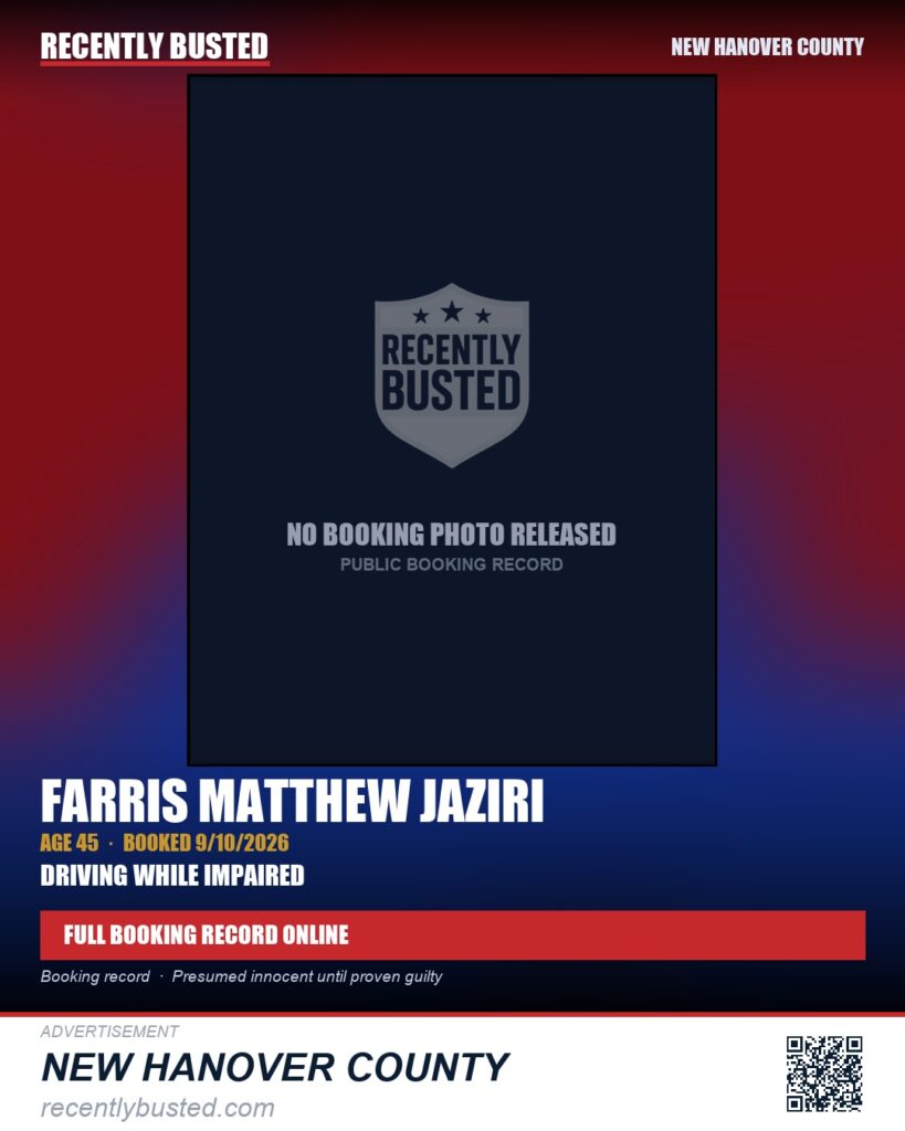 FARRIS MATTHEW JAZIRI — arrest record card, New Hanover County
