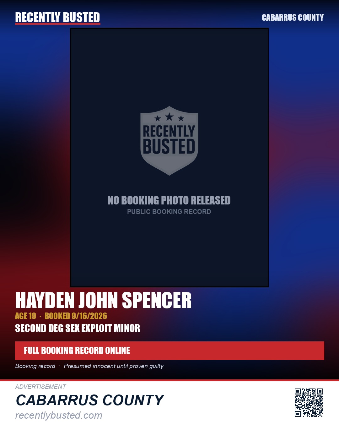 HAYDEN JOHN SPENCER — arrest record card, Cabarrus County