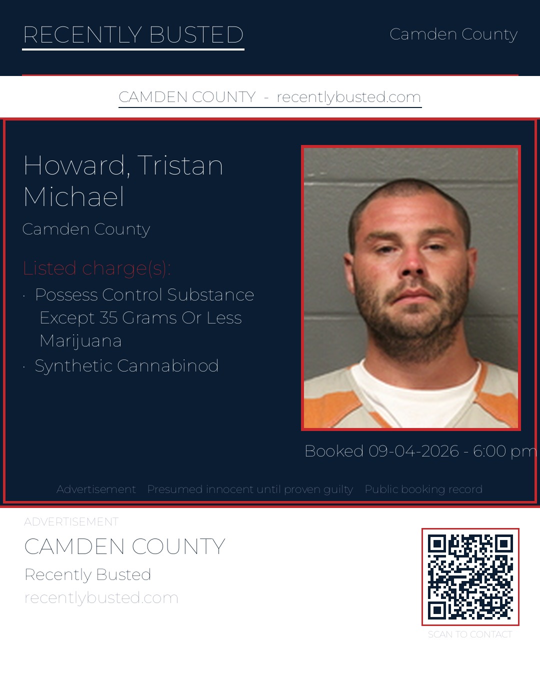 Howard, Tristan Michael — arrest record card, Camden County