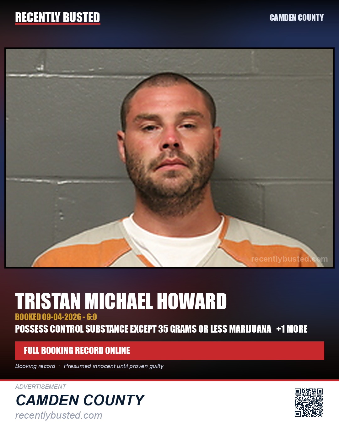 Howard, Tristan Michael — arrest record card, Camden County