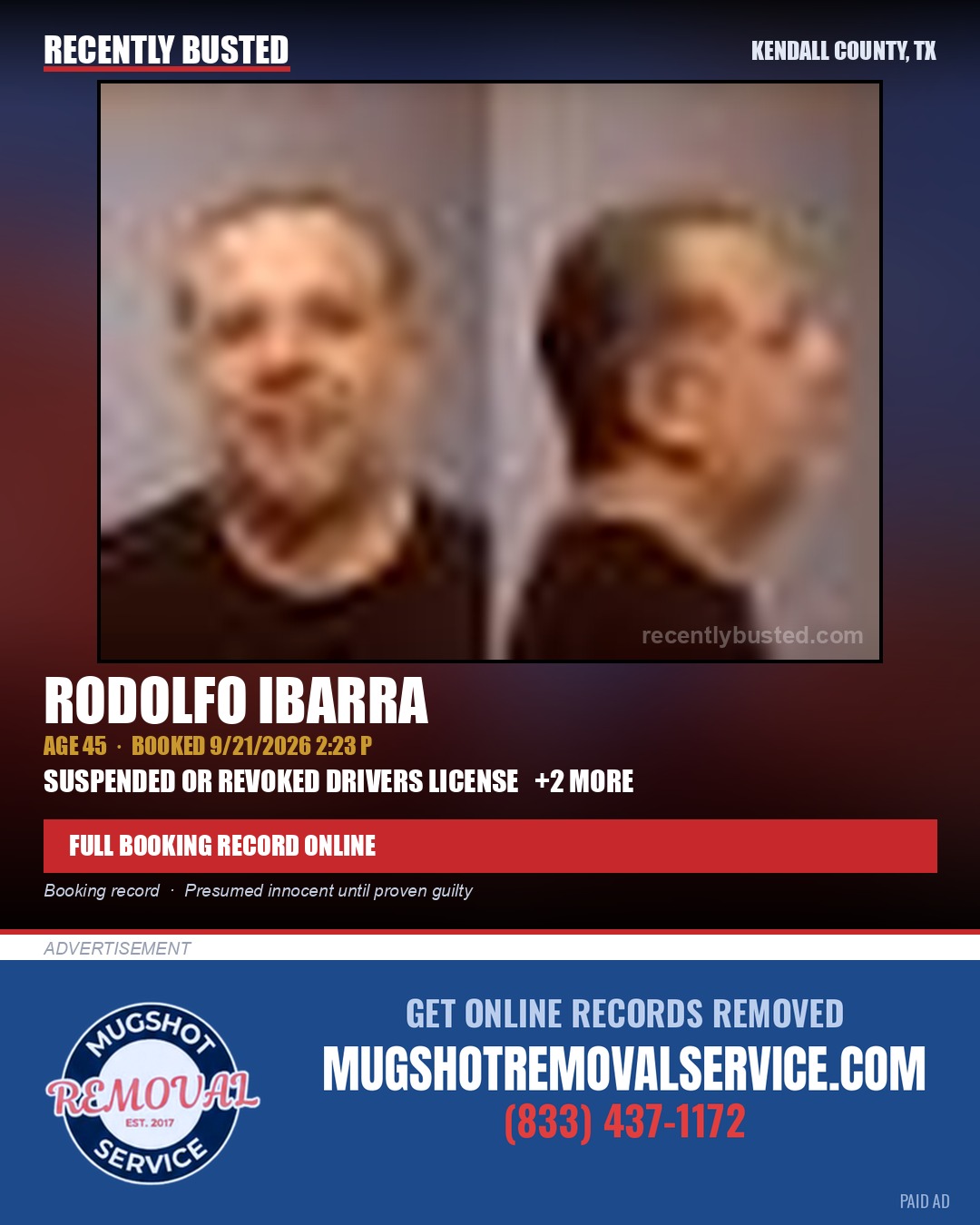 IBARRA, RODOLFO — arrest record card, Kendall County, Illinois
