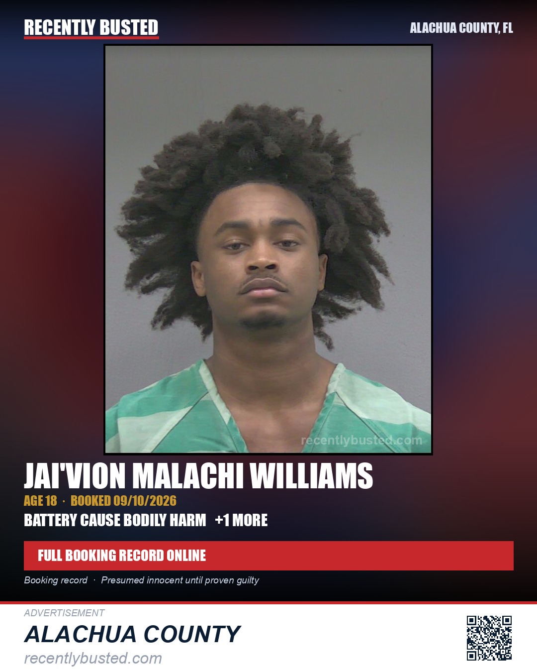 Jai'Vion Malachi Williams — arrest record card, Alachua County, Florida