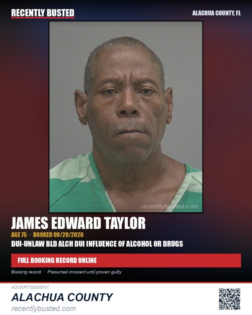 James Edward Taylor — arrest record card, Alachua County, Florida