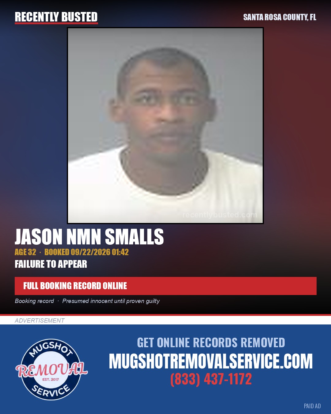 Jason Nmn Smalls — arrest record card, Santa Rosa County, Florida