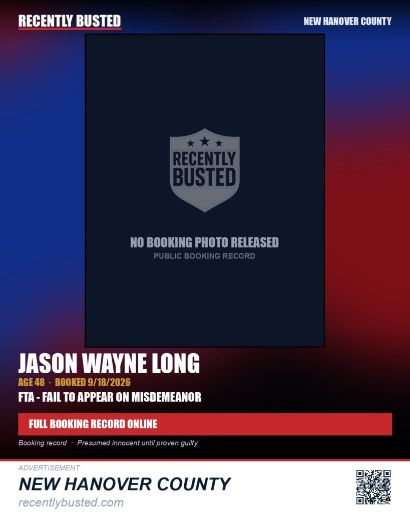 JASON WAYNE LONG — arrest record card, New Hanover