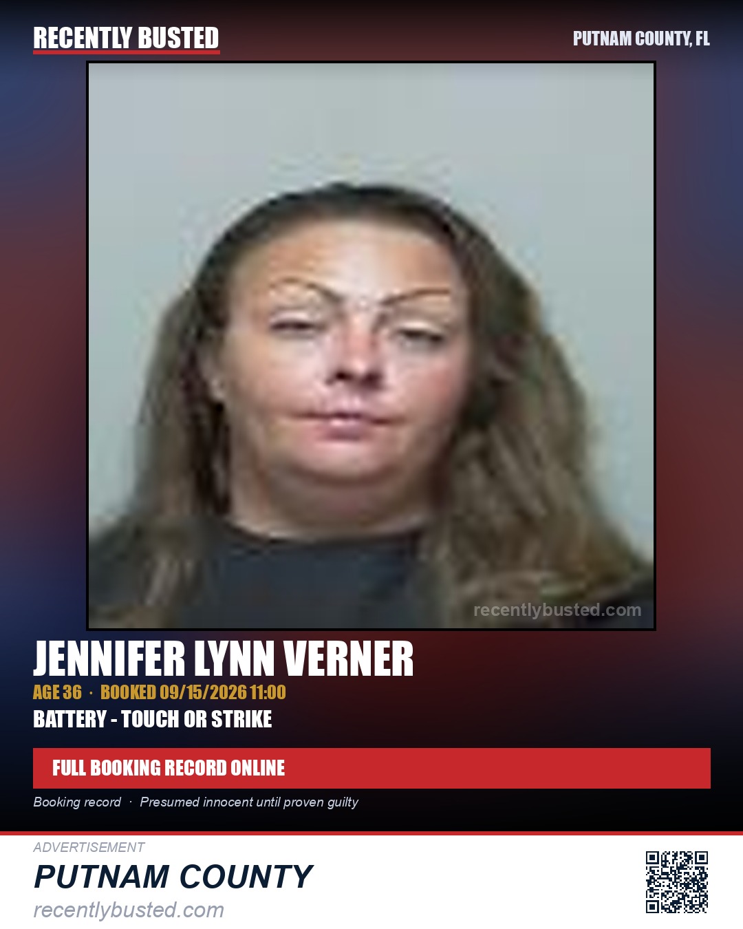 Jennifer Lynn Verner — arrest record card, Putnam County, Florida