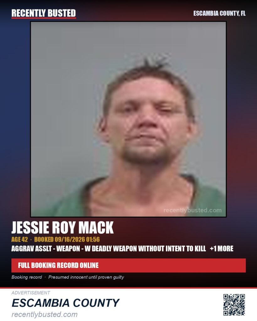 Jessie Roy Mack — arrest record card, Escambia County, Florida