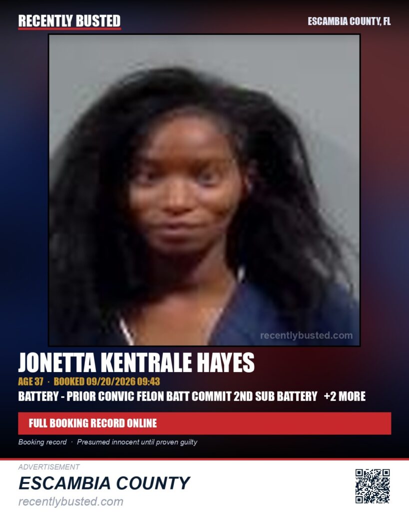 Jonetta Kentrale Hayes — arrest record card, Escambia County, Florida