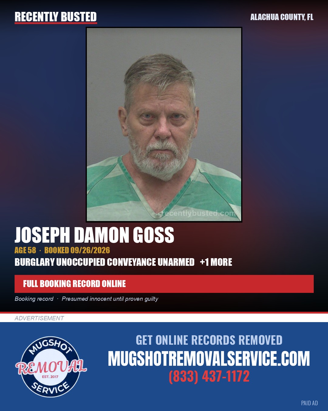 Joseph Damon Goss — arrest record card, Alachua County, Florida