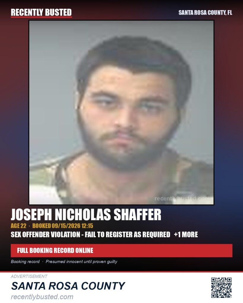 Joseph Nicholas Shaffer — arrest record card, Santa Rosa County, Florida
