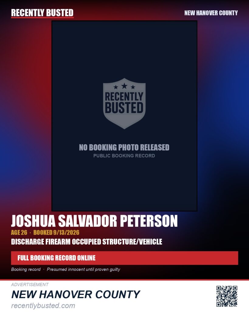 JOSHUA SALVADOR PETERSON — arrest record card, New Hanover County