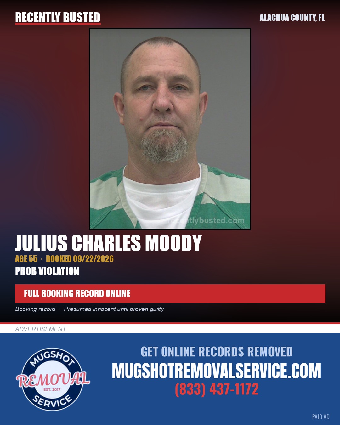 Julius Charles Moody — arrest record card, Alachua County, Florida