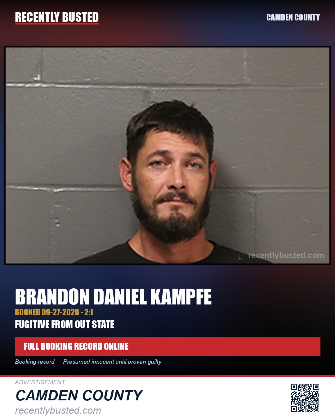 Kampfe, Brandon Daniel — arrest record card, Camden County
