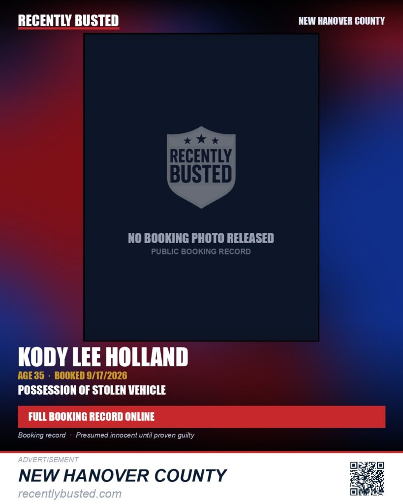 KODY LEE HOLLAND — arrest record card, New Hanover